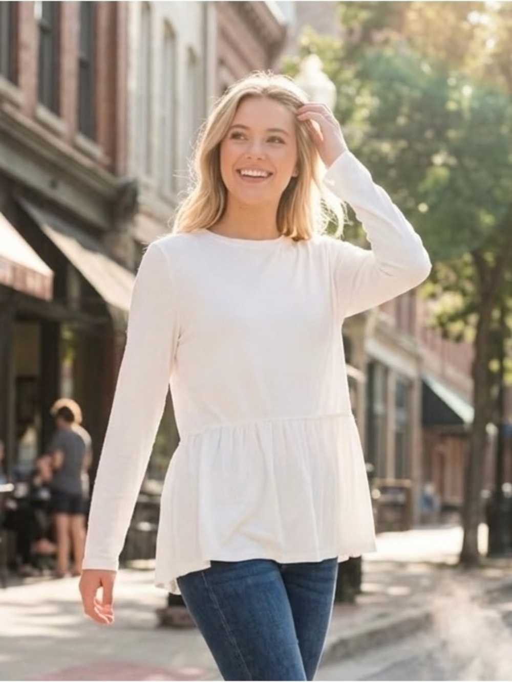White Peplum For G & PL Long Sleeve Ruffle Hem Top - Size XL